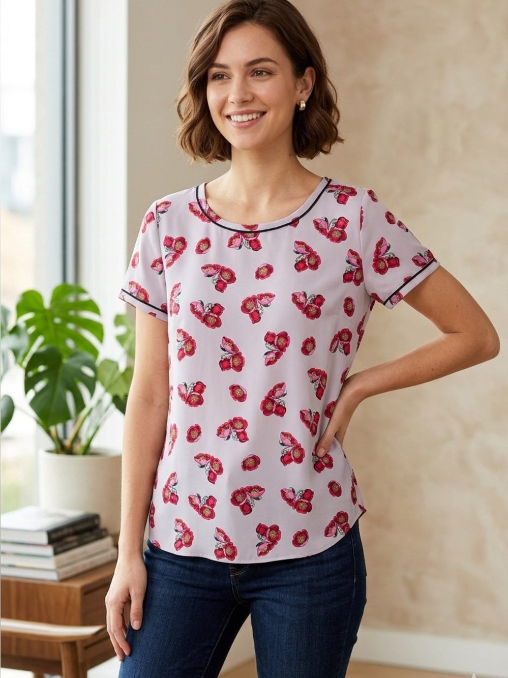 Ann Taylor LOFT grey blouse red floral print blouse size XS